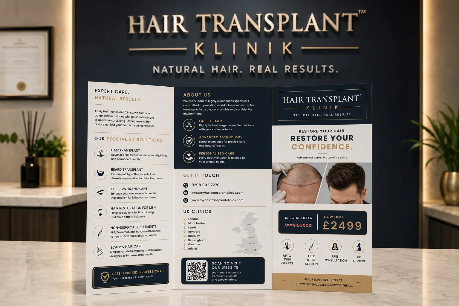 Hair Transplant Klinik clinic brochure showing treatments, UK clinics and pricing